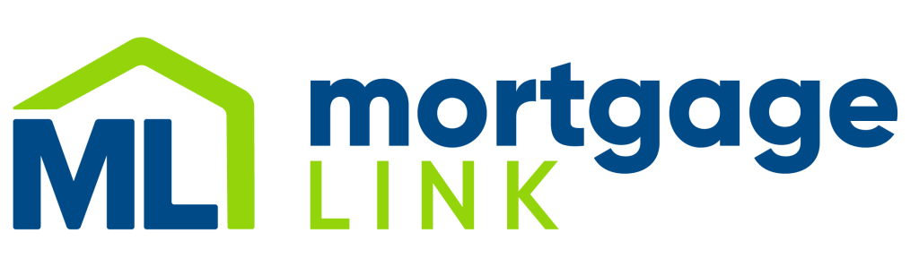 The Mortgage Link blue and green letters with an outline of a house