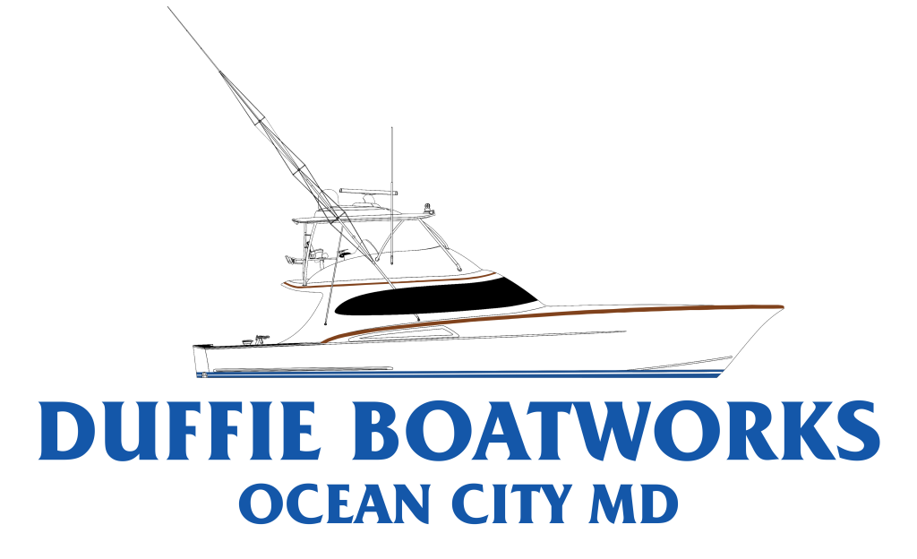 Duffie Boatworks Ocean City MD Logo White Boat with red and blue stripes