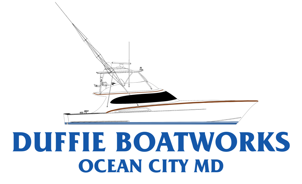 Duffie Boatworks Ocean City MD Logo White Boat with red and blue stripes