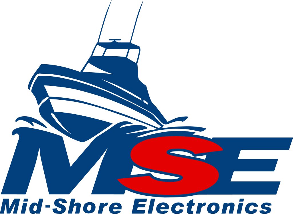 Mid-Shore Electronics MSE Blue letters except for the S and a boat jetting over the letters